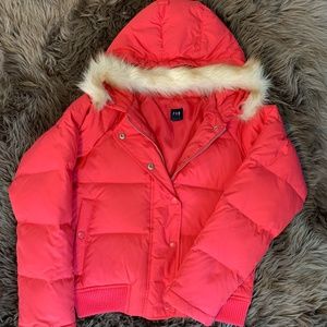 GAP Hot Pink Puffer Down Jacket With Fur Hoodie S